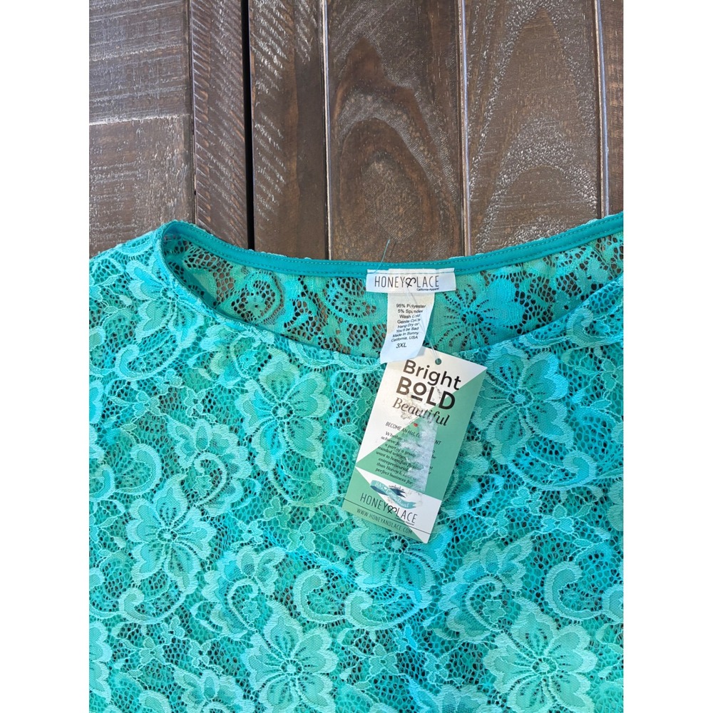 Honey & Lace Womens 3XL Turquoise Floral Lace Short Sleeve Scoop Neck Top NWT